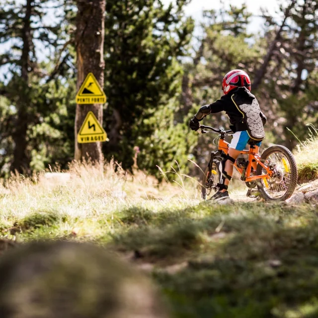 Enfant équipé de protections descendant à VTT sur un sentier, avec panneaux signalant pente forte et virages.