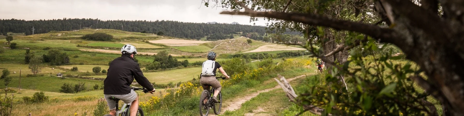 Deux personnes en VTT électrique roulant sur un sentier herbeux avec un paysage vallonné et verdoyant en arrière-plan.