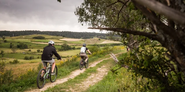 Deux personnes en VTT électrique roulant sur un sentier herbeux avec un paysage vallonné et verdoyant en arrière-plan.
