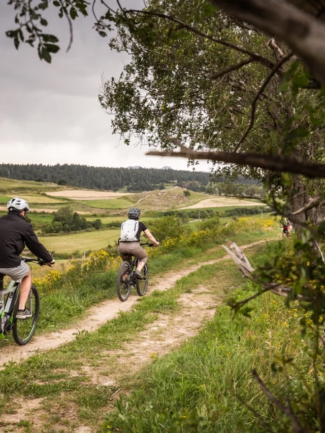 Deux personnes en VTT électrique roulant sur un sentier herbeux avec un paysage vallonné et verdoyant en arrière-plan.