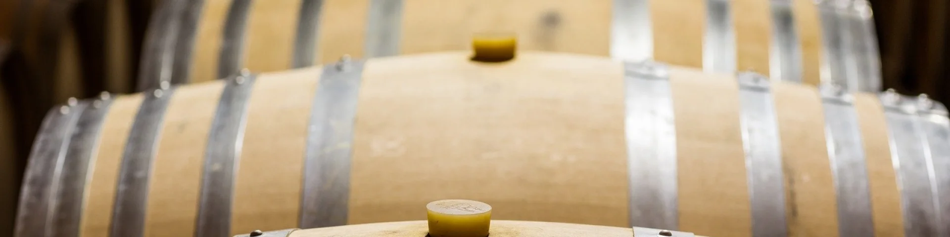 Rangées de barriques en bois dans un chai.