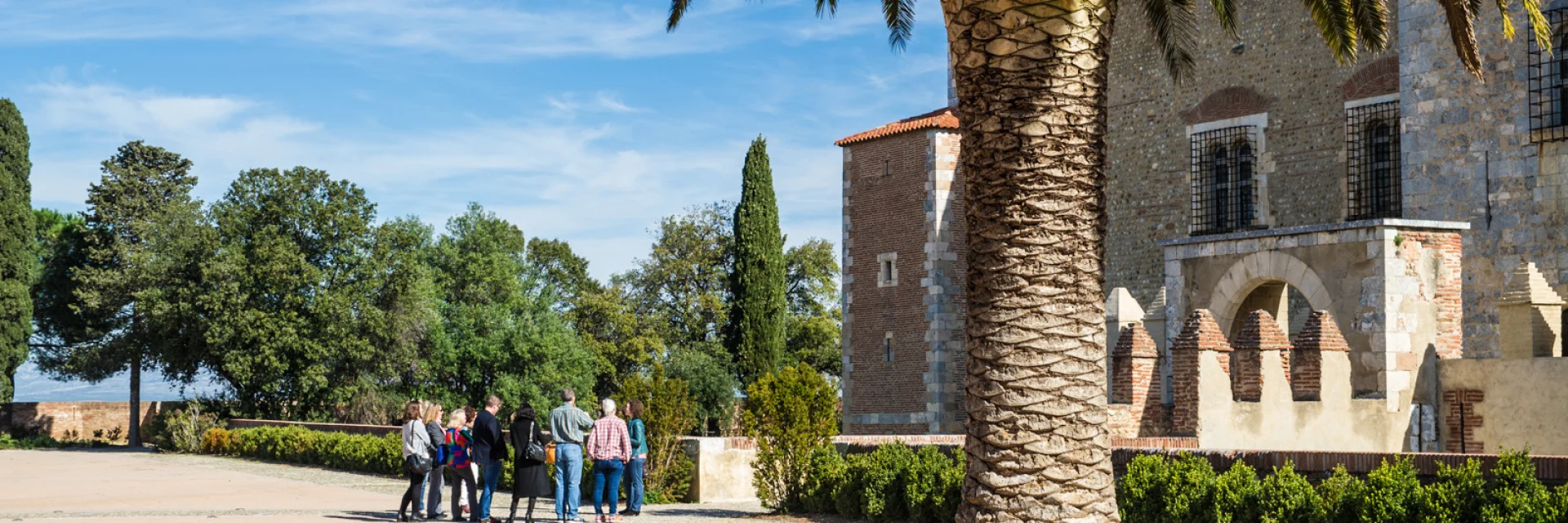 Groupe de visiteurs dans une cour ensoleillée près d’un grand bâtiment en pierre et d’un palmier.