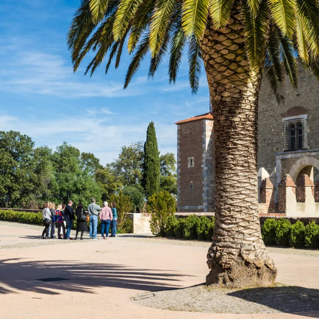 Groupe de visiteurs dans une cour ensoleillée près d’un grand bâtiment en pierre et d’un palmier.