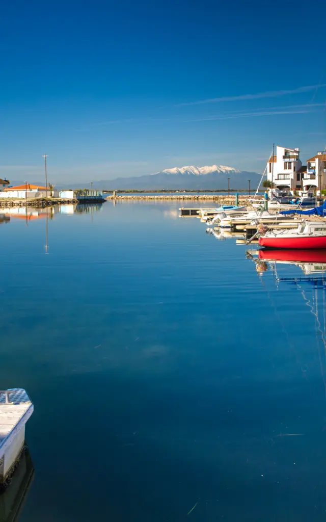 Port calme avec de nombreux voiliers amarrés, leurs reflets dans l’eau parfaitement lisse, et une chaîne de montagnes enneigées à l’horizon.