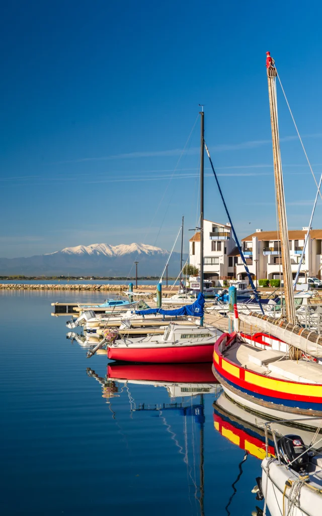 Voiliers amarrés dans un port calme, avec leurs reflets sur l’eau et une montagne enneigée en arrière-plan.