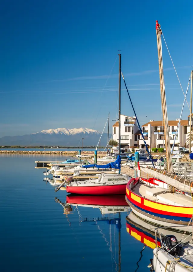 Voiliers amarrés dans un port calme, avec leurs reflets sur l’eau et une montagne enneigée en arrière-plan.