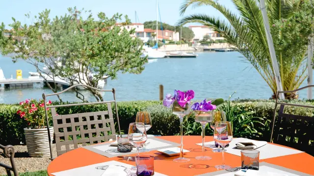 Table dressée en terrasse face à un plan d’eau bordé de palmiers et de bateaux de plaisance.