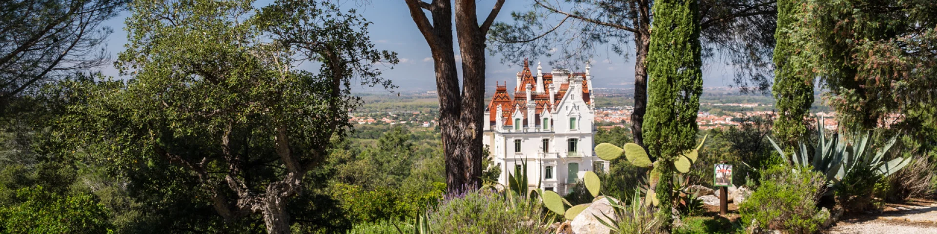 Bâtiment blanc aux toits rouges visible entre de grands arbres, entouré d’un jardin méditerranéen et d’un sentier.