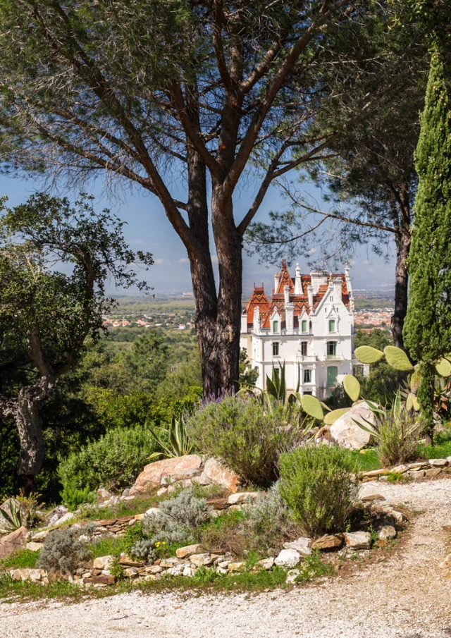 Bâtiment blanc aux toits rouges visible entre de grands arbres, entouré d’un jardin méditerranéen et d’un sentier.