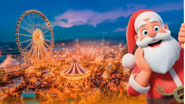 Illustration du Père Noël souriant devant une vue nocturne d’un village de Noël animé avec grande roue et manèges.