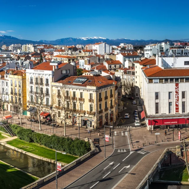 Vue panoramique de Perpignan avec le Canigou enneigé en arrière-plan.