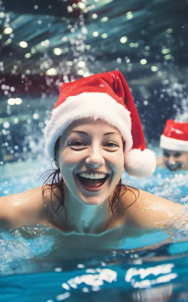 Young woman in santa hat relaxing in swimming pool. Christmas tropical vacation concept.