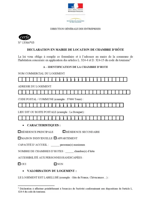 Formulaire Cerfa Déclaration Chambre Hotes Mairie