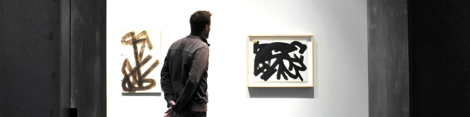 Personne admirant deux tableaux Brous de noix au musée Soulages