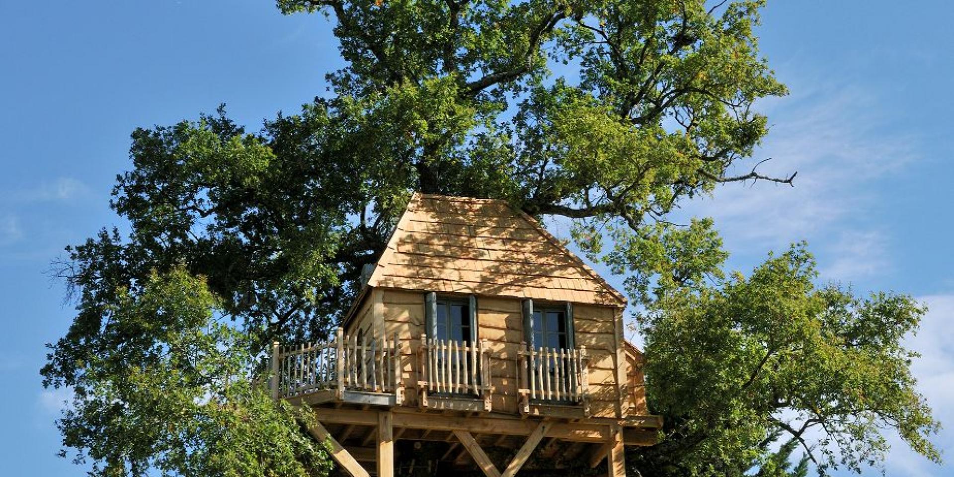 Cabane en bois dotée de deux fenêtres, avec une terrasse, perchée dans un arbre du Château de Labro