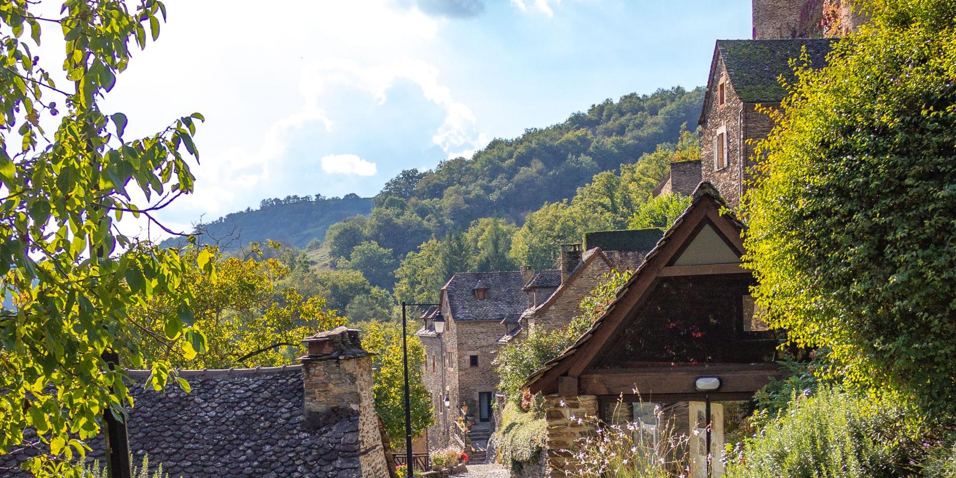 Ruelle pavée entre les maisons typiques en pierre de Belcastel