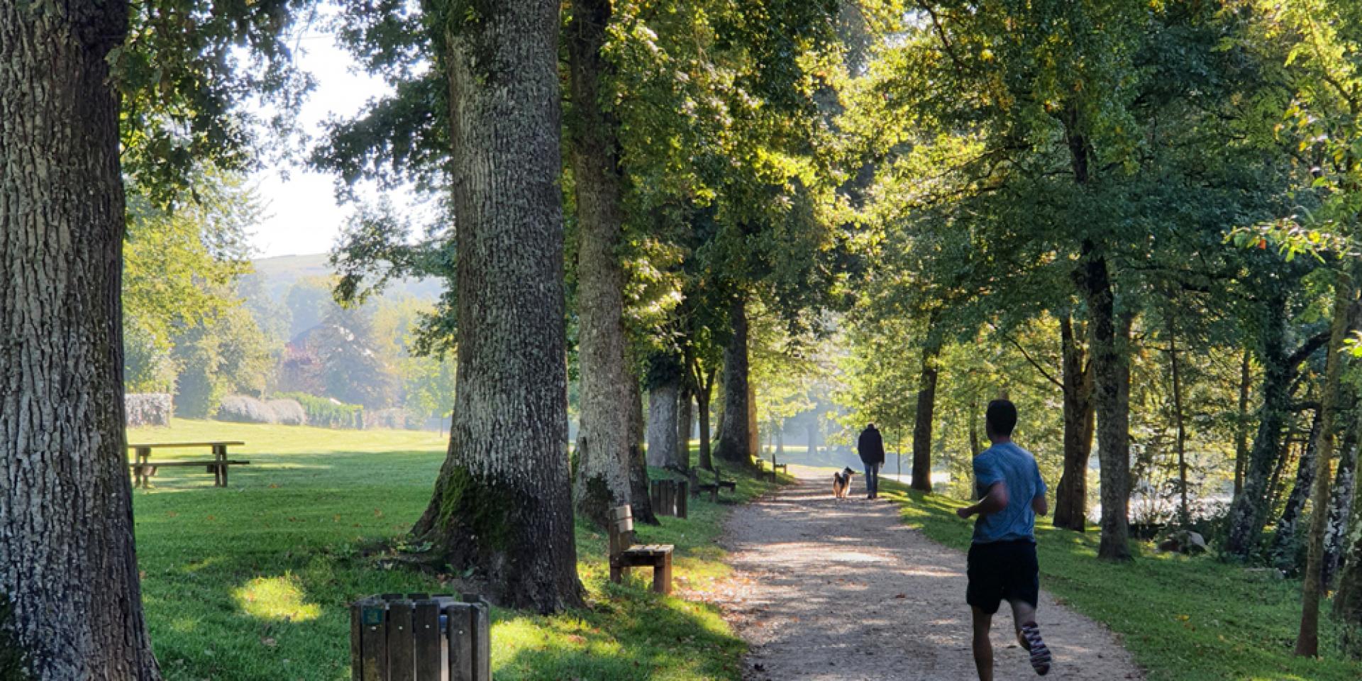 Joggeur et promeneur avec un chien sur le chemin caillouteux piétonnier en bordure de rivière, longeant les arbres et les bancs