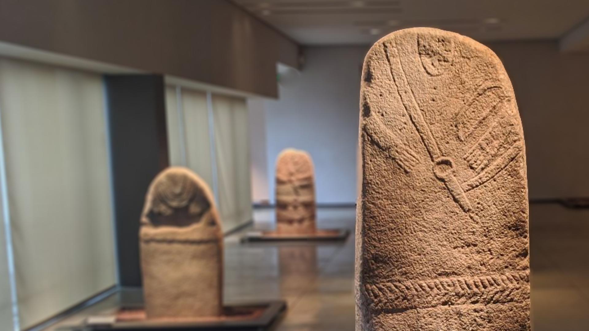 Salle des statues-menhirs du musée Fenaille avec en premier plan une statue masculine sculptée avec un baudrier, une ceinture