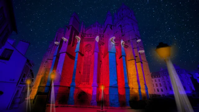 Image de synthèse illustrant le jeu de lumière estival de la cathédrale, côté chevet