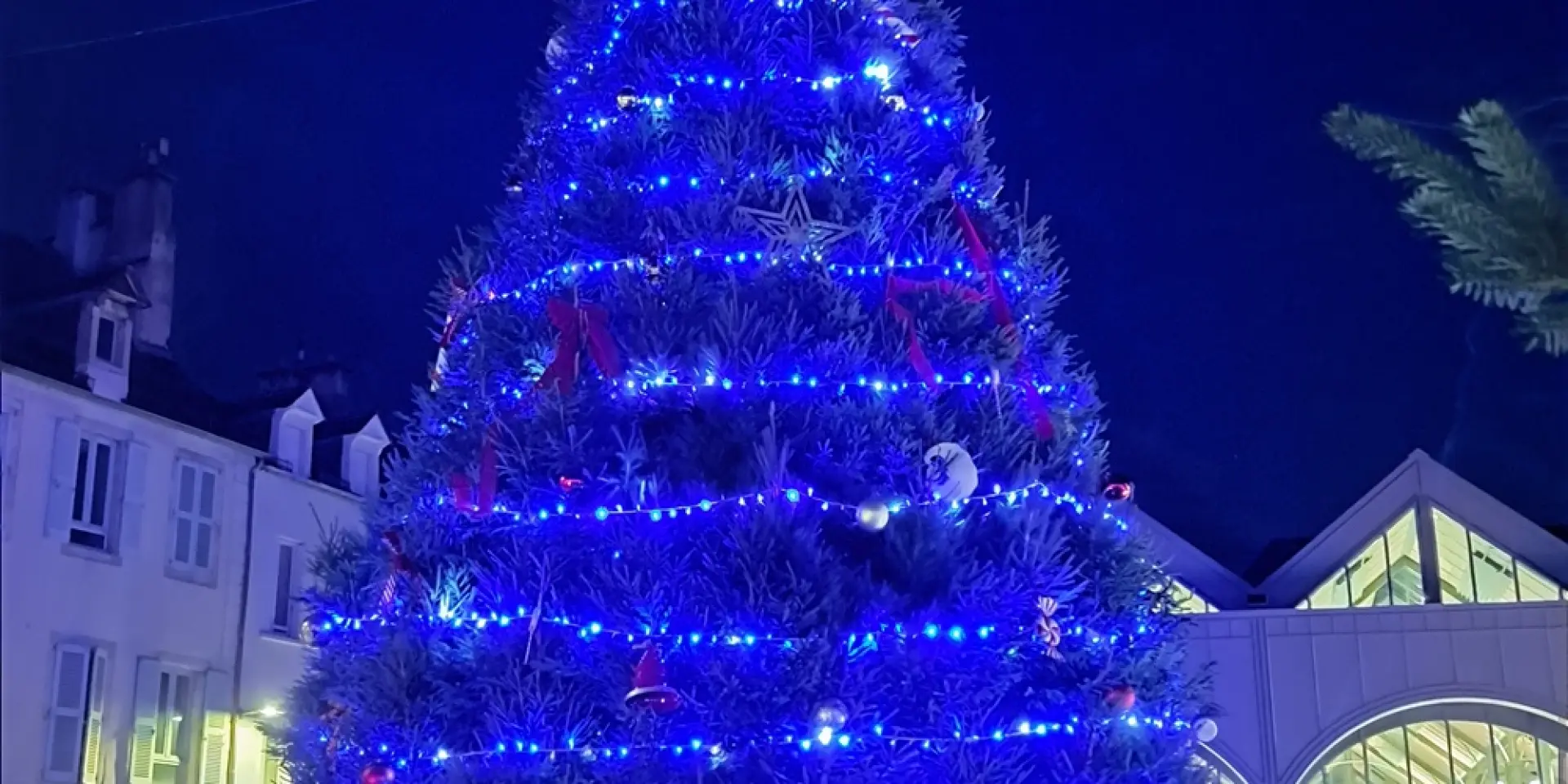 Sapin géant illuminé à proximité des Halles de Rodez