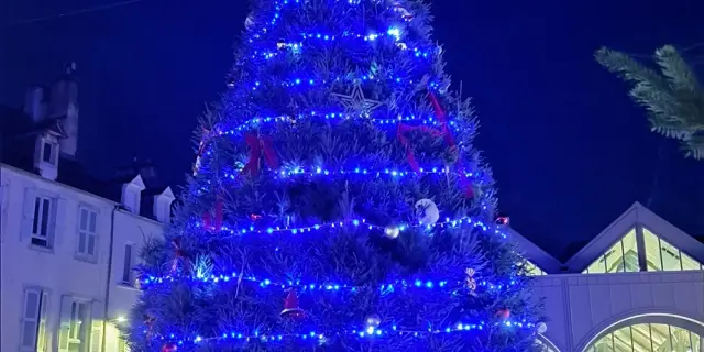 Sapin géant illuminé à proximité des Halles de Rodez