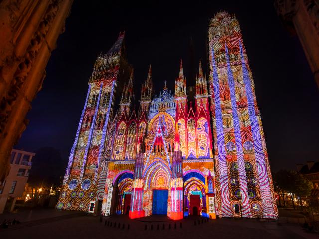 kathedraal, rouen, licht, tentoonstelling, werk, kunst, architectuur, dagboek, juni, spelen, nacht, nocturne