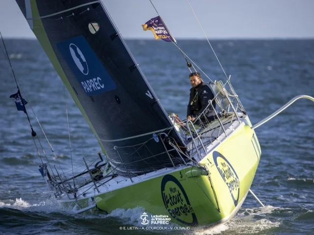 Arthur Hubert, Mon Atout Energie, during the 3rd stage of the Solitaire du Figaro Paprec 2023 from Morlaix Bay to Piriac sur Mer - At sea on 09/13/2023