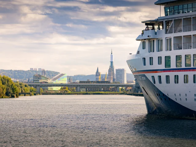Cruise ship arriving in Rouen on the Seine River