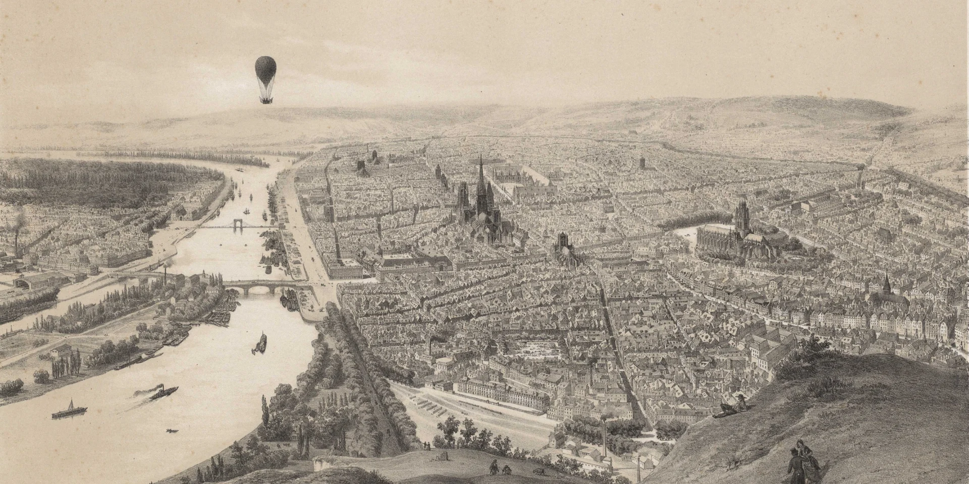 Rouen En Ballon Lithographie d'apres Jules Arnoult Vers 1840 Arch. Dep. De La Seine Maritime I Fi 486