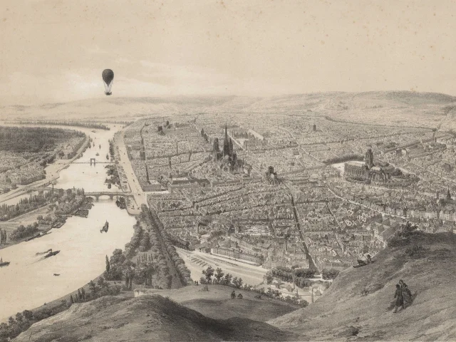 Rouen En Ballon Lithographie d'apres Jules Arnoult Vers 1840 Arch. Dep. De La Seine Maritime I Fi 486