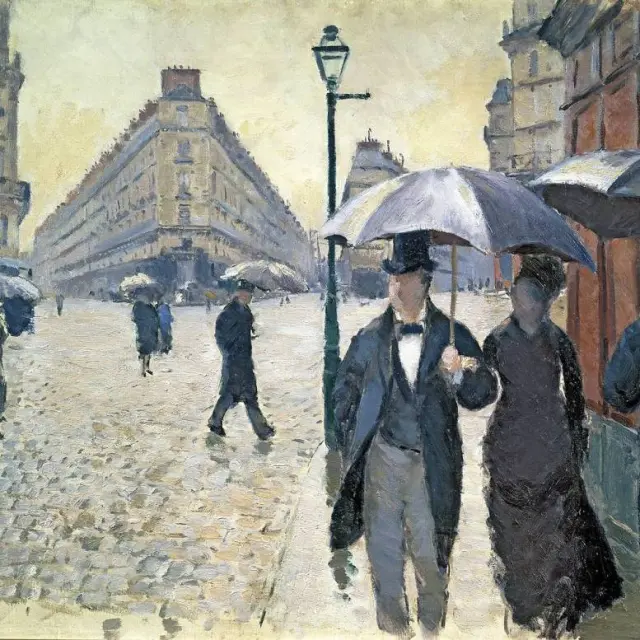 Rue de Paris. Temps de pluie, Gustave Caillebotte rend palpables les reflets de la pluie sur les pavés et la toile lustrée des parapluies. © Musée Marmottan Monet