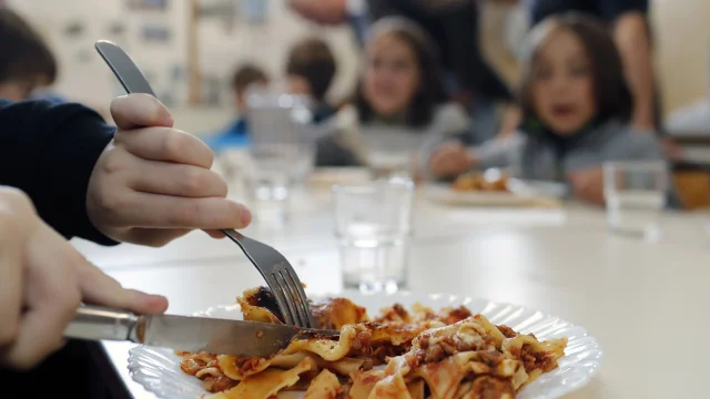 Primary school. The canteen with vegan meal. Saint Gervais les Bains. France.