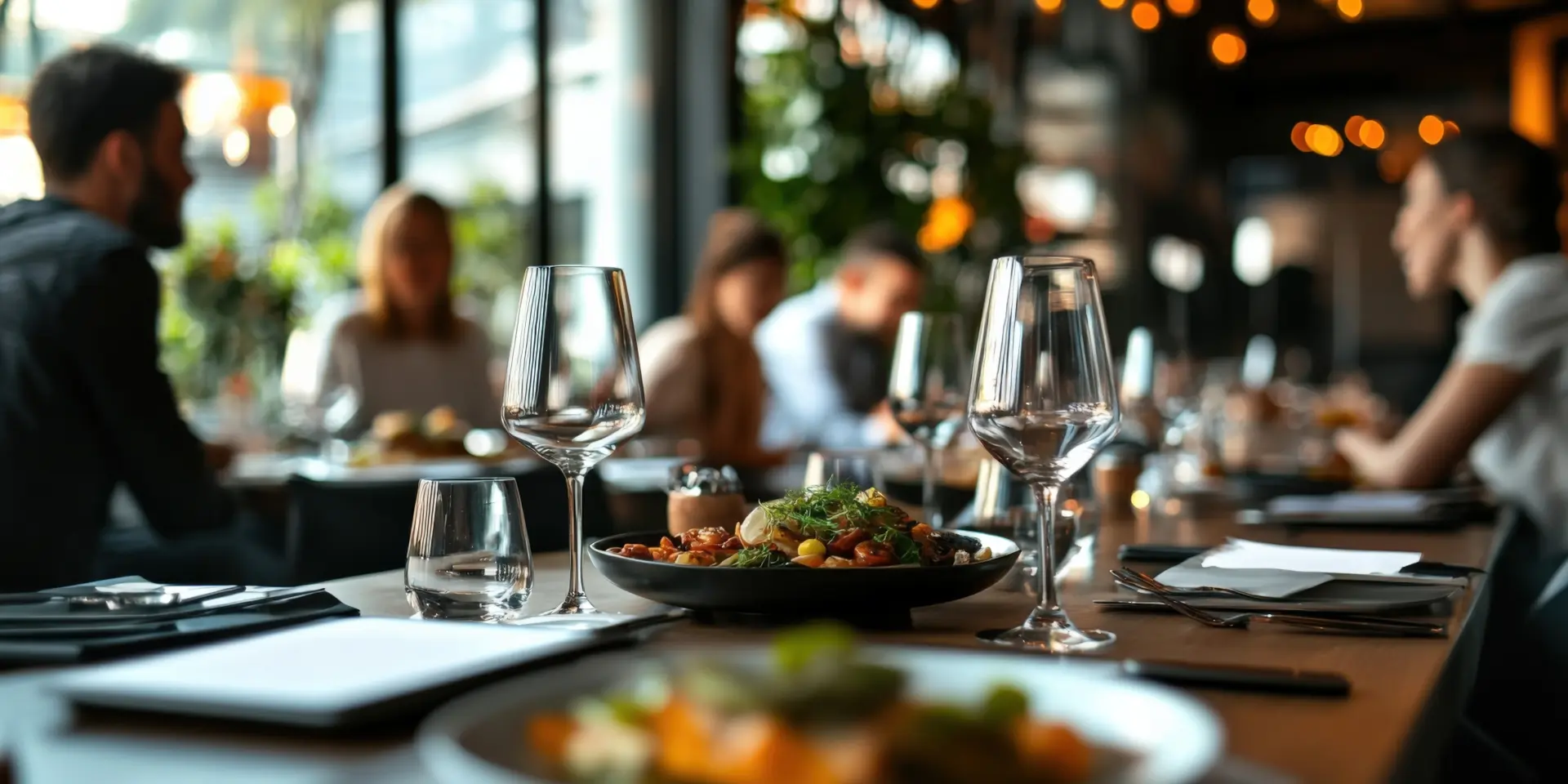 Empty wine glasses and a gourmet meal are set on a restaurant table, creating a sophisticated and inviting dining atmosphere, while in the background, people enjoy their meals and conversations