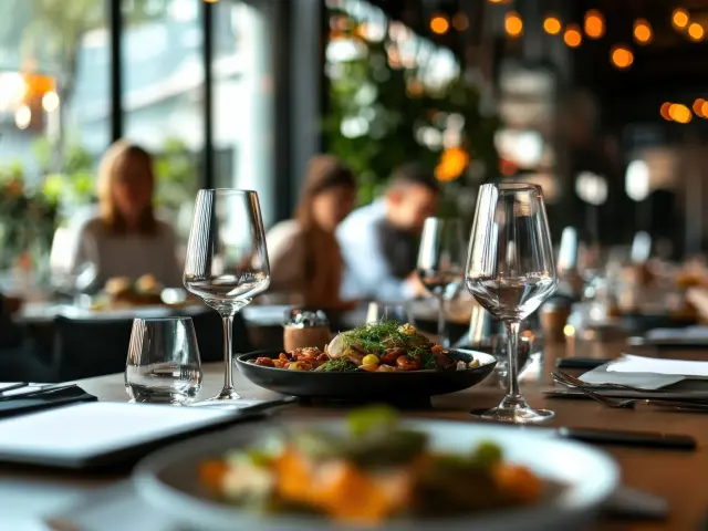 Empty wine glasses and a gourmet meal are set on a restaurant table, creating a sophisticated and inviting dining atmosphere, while in the background, people enjoy their meals and conversations