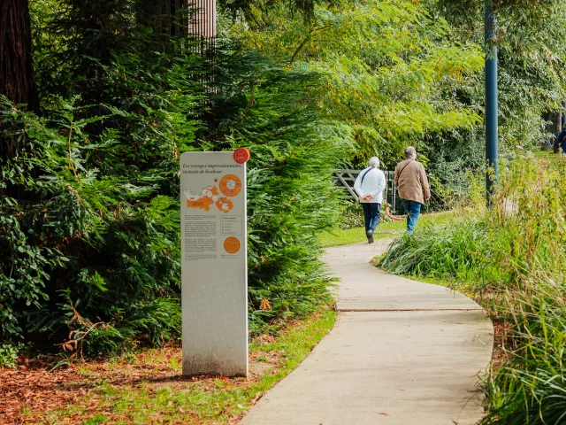 Chemin des Impressionnistes au Port-Marly avec en arrière plan un couple qui se promène au bord de l'eau