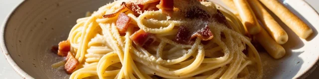 La Photo Realise Dune Assiette De Plat Italien Type Pates A La Carbonara Avec Des Gressins