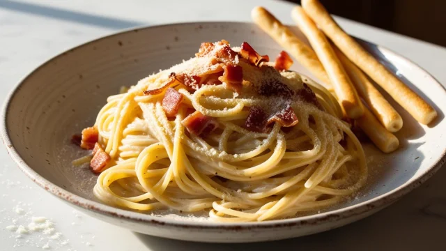 La Photo Realise Dune Assiette De Plat Italien Type Pates A La Carbonara Avec Des Gressins