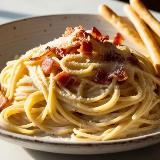 La Photo Realise Dune Assiette De Plat Italien Type Pates A La Carbonara Avec Des Gressins