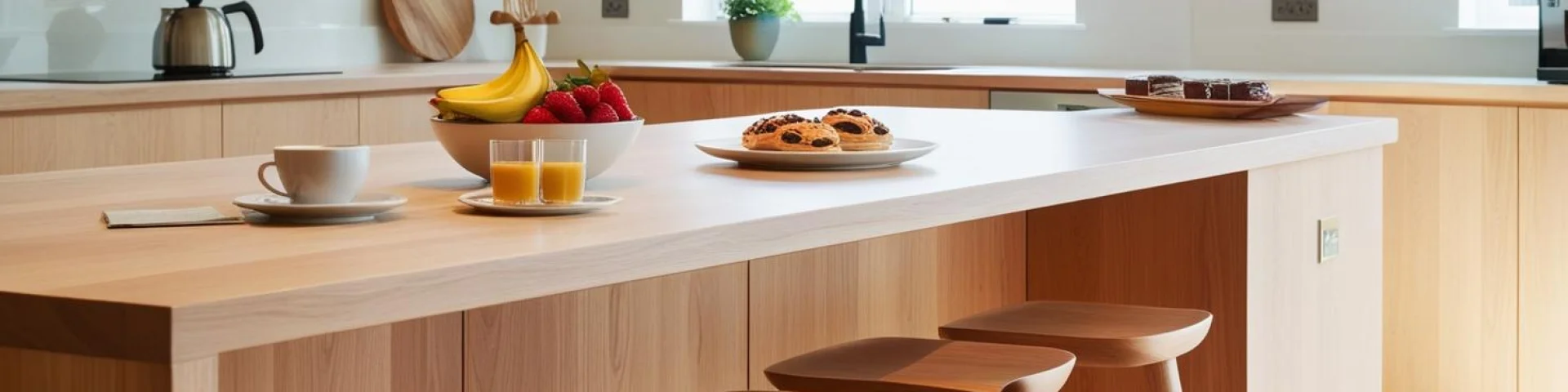 Cuisine En Bois Assez Moderne Propre Et Lumineuse Bien Equipee Avec Un Comptoir Et Des Tabourets Avec Un Petit Dejeuner Mis En Place