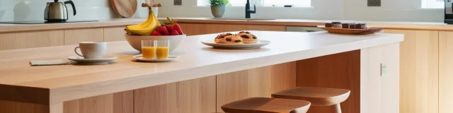 Cuisine En Bois Assez Moderne Propre Et Lumineuse Bien Equipee Avec Un Comptoir Et Des Tabourets Avec Un Petit Dejeuner Mis En Place