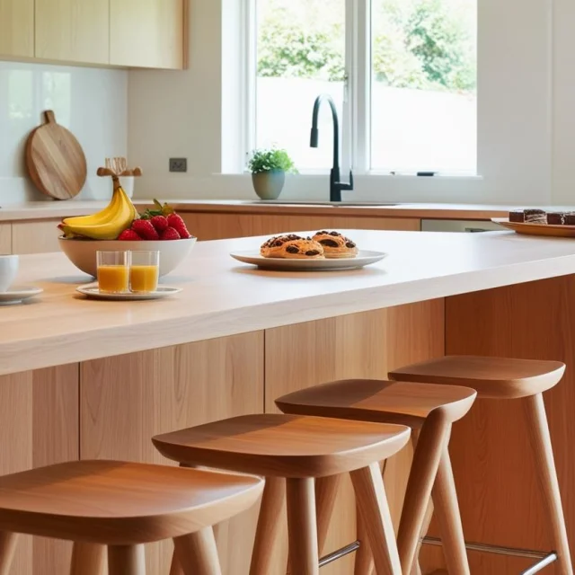 Cuisine En Bois Assez Moderne Propre Et Lumineuse Bien Equipee Avec Un Comptoir Et Des Tabourets Avec Un Petit Dejeuner Mis En Place