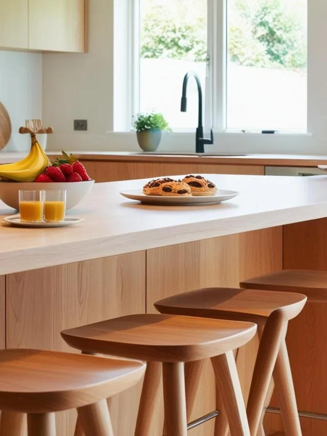 Cuisine En Bois Assez Moderne Propre Et Lumineuse Bien Equipee Avec Un Comptoir Et Des Tabourets Avec Un Petit Dejeuner Mis En Place