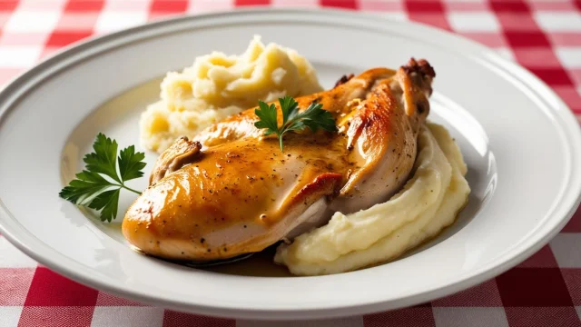 Une Image Realiste Dune Assiette Avec Du Poulet Et De La Puree Nappe A Carreaux