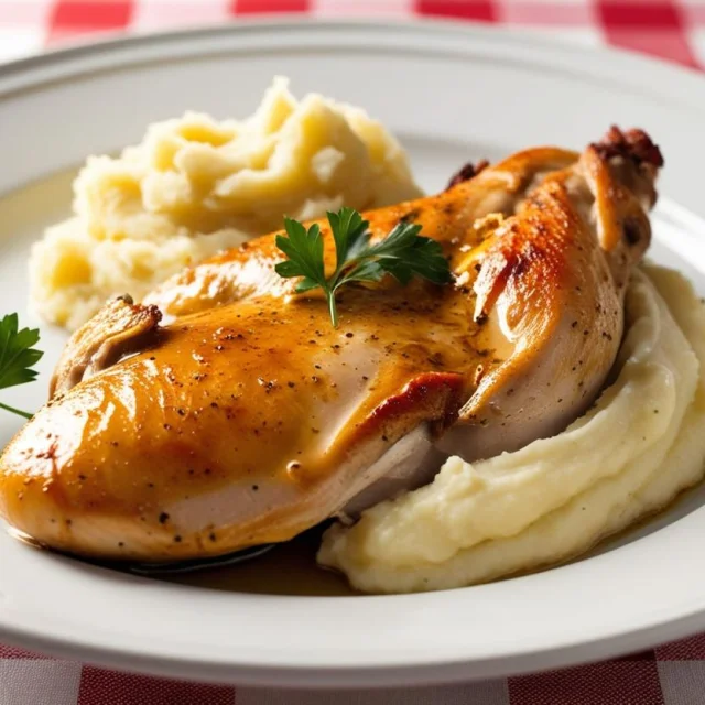 Une Image Realiste Dune Assiette Avec Du Poulet Et De La Puree Nappe A Carreaux