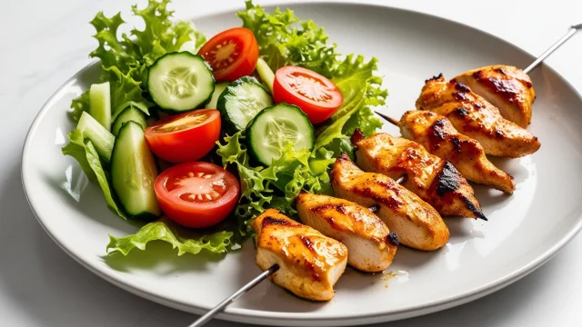 Une Image Realiste Dune Assiette Avec Salade De Legumes Frais Et Brochette De Poulet 1