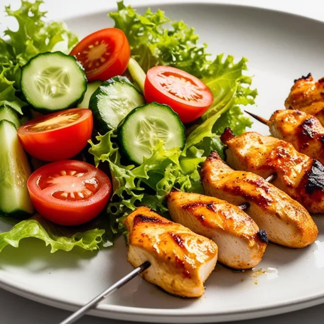 Une Image Realiste Dune Assiette Avec Salade De Legumes Frais Et Brochette De Poulet 1