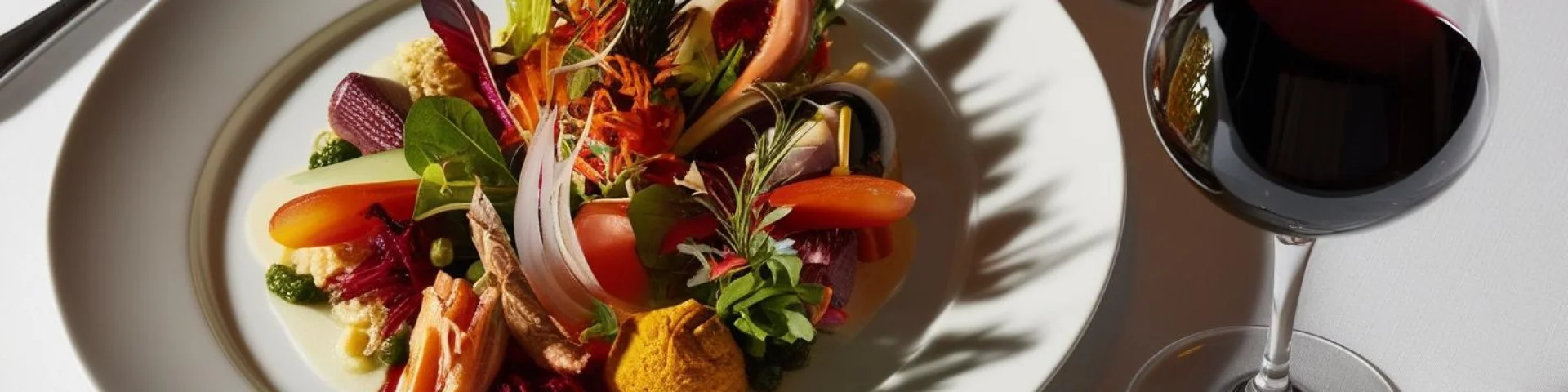 Une Image Realiste Dune Assiette De Plat Gastronomique Avec Nappe Blanche Et Verre De Vin