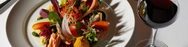Une Image Realiste Dune Assiette De Plat Gastronomique Avec Nappe Blanche Et Verre De Vin
