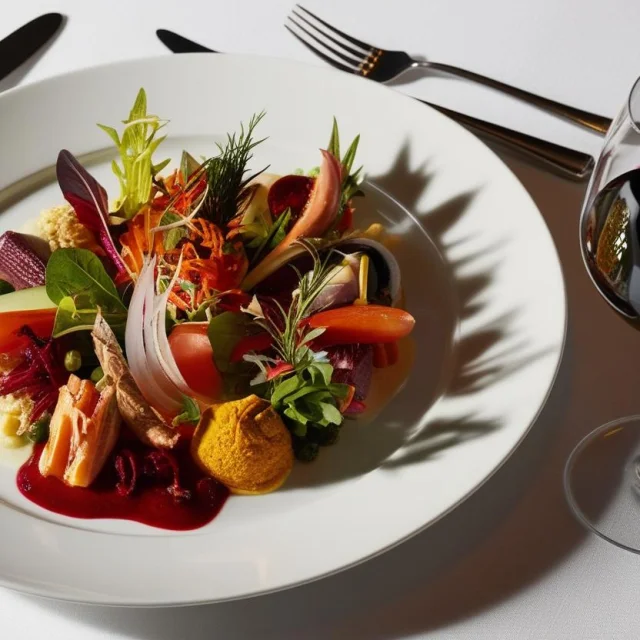 Une Image Realiste Dune Assiette De Plat Gastronomique Avec Nappe Blanche Et Verre De Vin