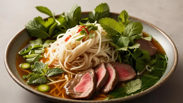 Une Image Realiste Dune Assiette De Specialites Vietnamiennes Avec Des Bo Bun